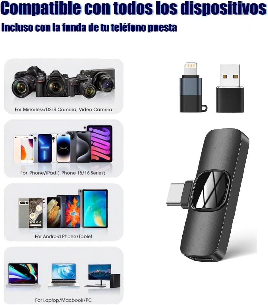 LauCentral Micrófono Lavalier Inalámbrico Plug & Play, Compatible con iOS/Android, 2 Mics para Grabación de Vídeo/Vlog/Podcast, Función de Reducción de Ruido, Conexiones USB/iOS, Uso Sin Aplicaciones - Imagen 4