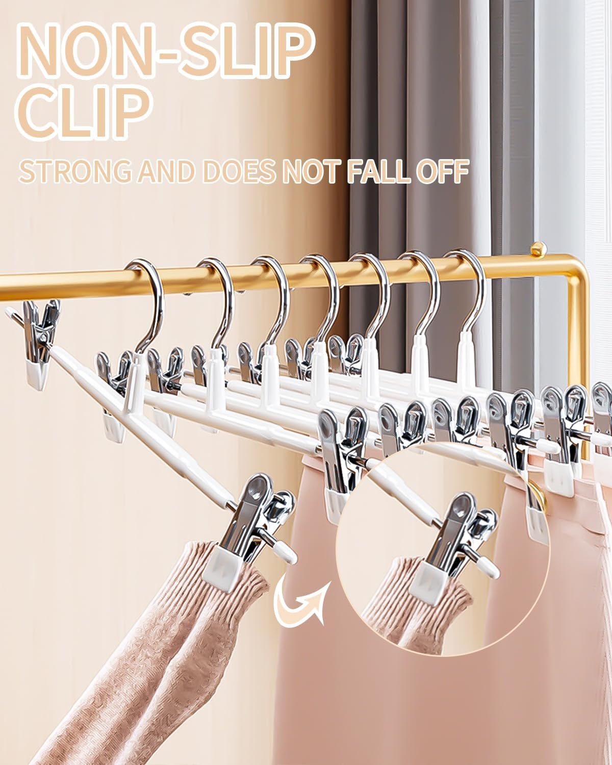 perchas para pantalones de metal, ahorran espacio, perchas con pinzas antideslizantes, perchas para faldas con clips antideslizantes, color blanco, 10 piezas de 30 cm. - Imagen 4