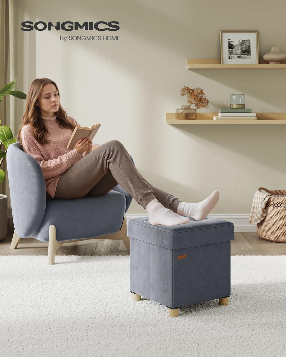 SONGMICS Puff Almacenaje Pequeño, Banco Plegable, 38 x 38 x 40 cm, Reposapiés, 37 L, Superficie de Terciopelo, para Dormitorio, Sala de Estar, Dormitorio, Gris Pizarra LSF0516G01 - Imagen 2