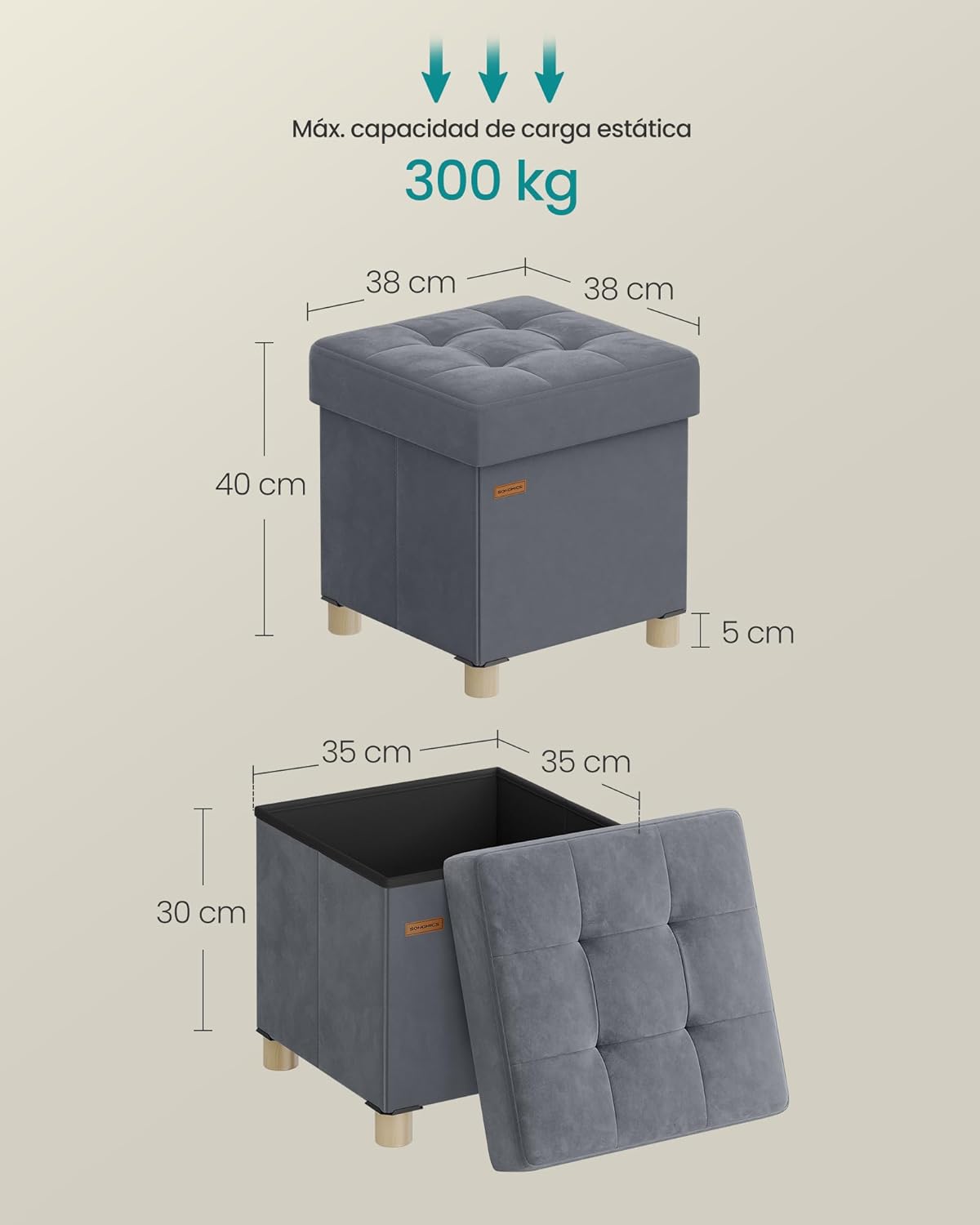 SONGMICS Puff Almacenaje Pequeño, Banco Plegable, 38 x 38 x 40 cm, Reposapiés, 37 L, Superficie de Terciopelo, para Dormitorio, Sala de Estar, Dormitorio, Gris Pizarra LSF0516G01 - Imagen 3