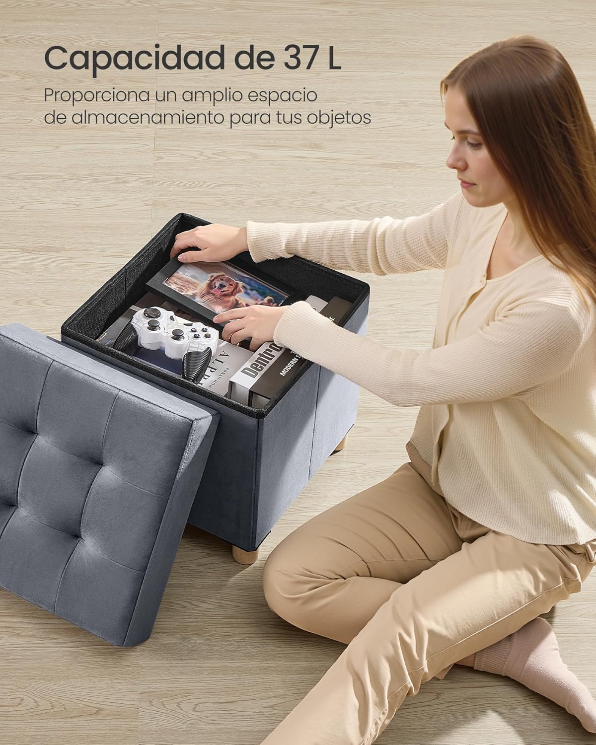 SONGMICS Puff Almacenaje Pequeño, Banco Plegable, 38 x 38 x 40 cm, Reposapiés, 37 L, Superficie de Terciopelo, para Dormitorio, Sala de Estar, Dormitorio, Gris Pizarra LSF0516G01 - Imagen 4
