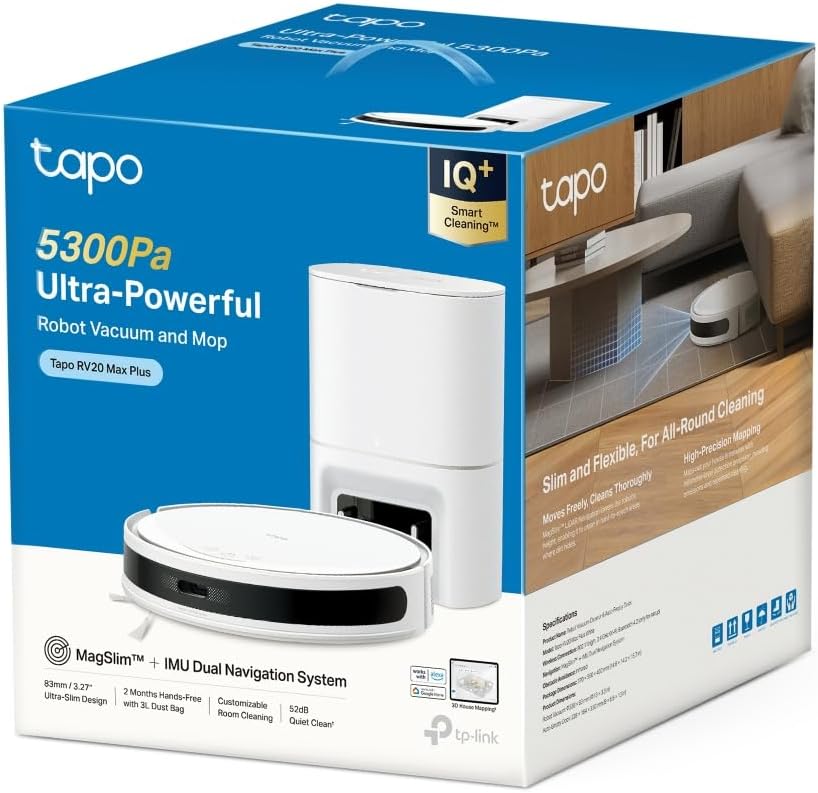 Tapo RV20 MAX Plus Robot Aspirador, Blanco, con 5300Pa de succión, Base de autovaciado, navegación láser LiDAR, mapeo Inteligente, Limpieza 4 en 1, Control por Voz y App, Solo 83 mm de Alto - Imagen 4