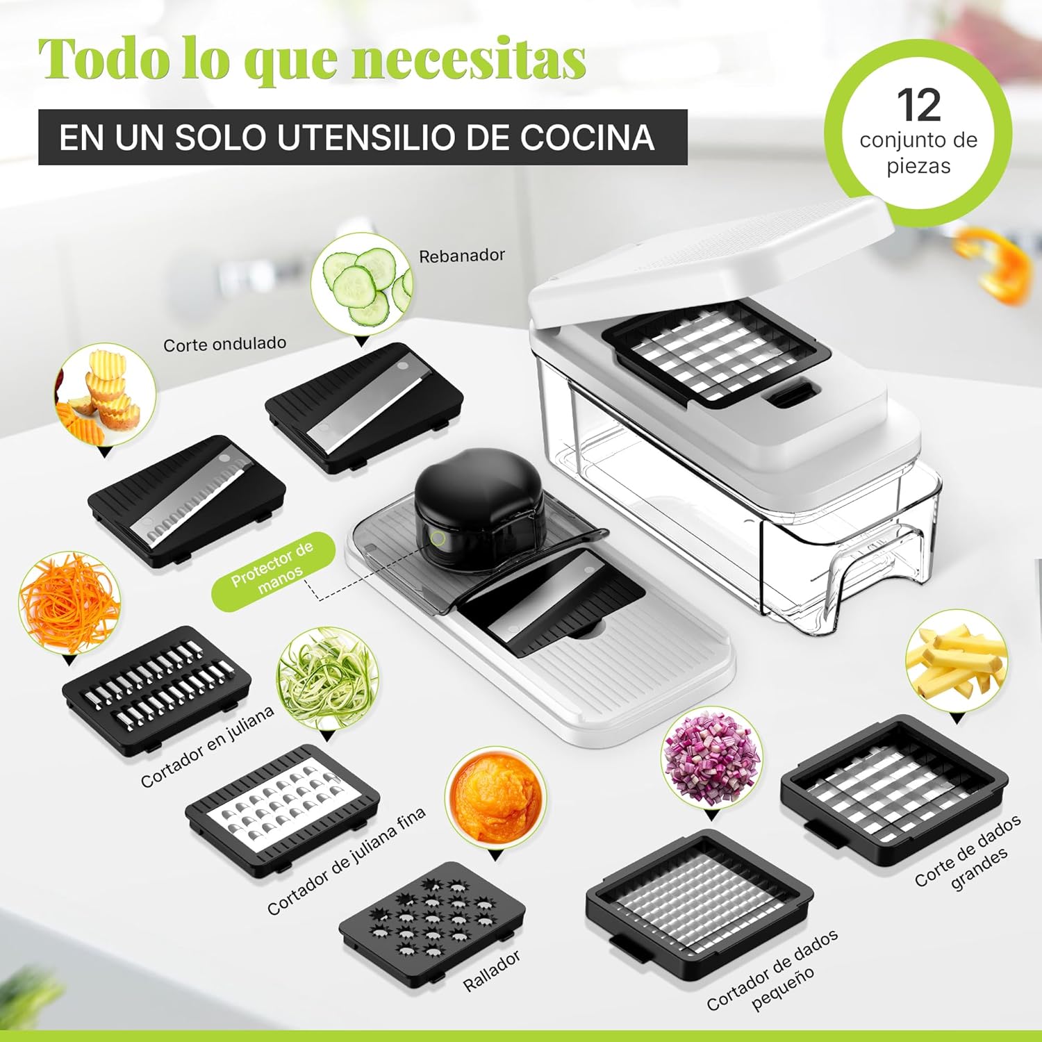 Cortador de Verdura Multifuncional | Mandolina de Cocina Profesional | Picador de Verduras Manual de acero inoxidable | Rallador Verduras y Queso - Gadgets Cocina - Imagen 2