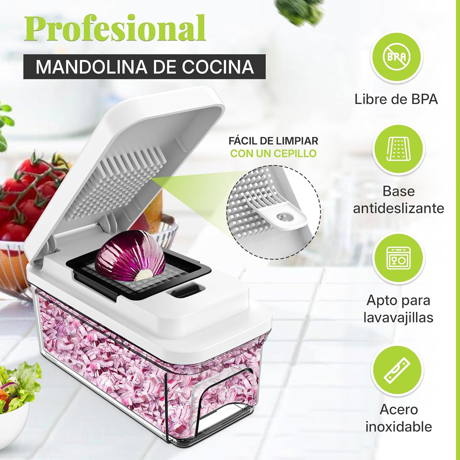 Cortador de Verdura Multifuncional | Mandolina de Cocina Profesional | Picador de Verduras Manual de acero inoxidable | Rallador Verduras y Queso - Gadgets Cocina - Imagen 3