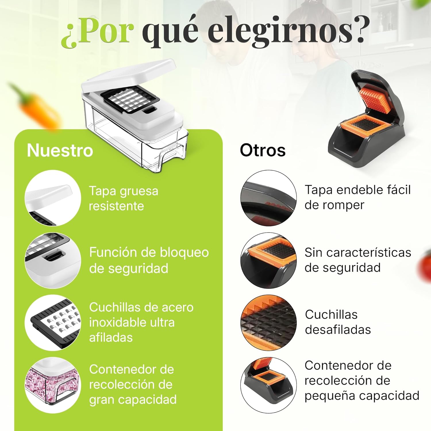 Cortador de Verdura Multifuncional | Mandolina de Cocina Profesional | Picador de Verduras Manual de acero inoxidable | Rallador Verduras y Queso - Gadgets Cocina - Imagen 4