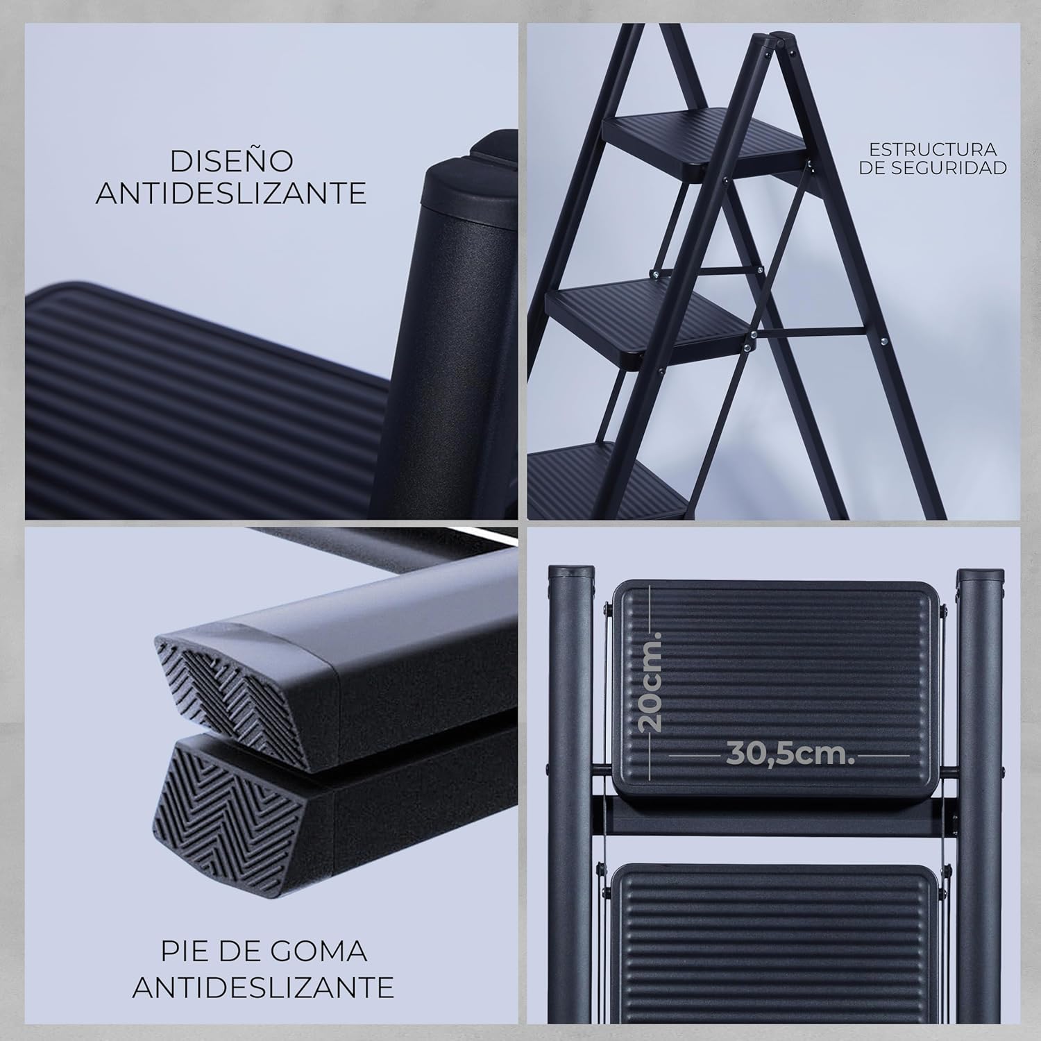 UZIRO Escalera Plegable 4 Peldaños, Escaleras Decorativa, Peldaños Anchos Antideslizantes, Ideal para Uso en Hogar, Cocina y Oficina, Fácil de Guardar y Transportar, Resistente (Negro, 4 Peldaños) - Imagen 2