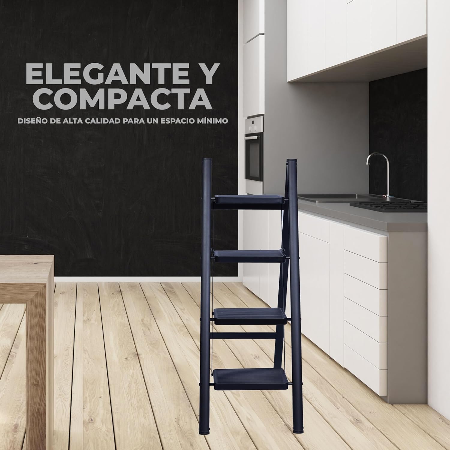 UZIRO Escalera Plegable 4 Peldaños, Escaleras Decorativa, Peldaños Anchos Antideslizantes, Ideal para Uso en Hogar, Cocina y Oficina, Fácil de Guardar y Transportar, Resistente (Negro, 4 Peldaños) - Imagen 3