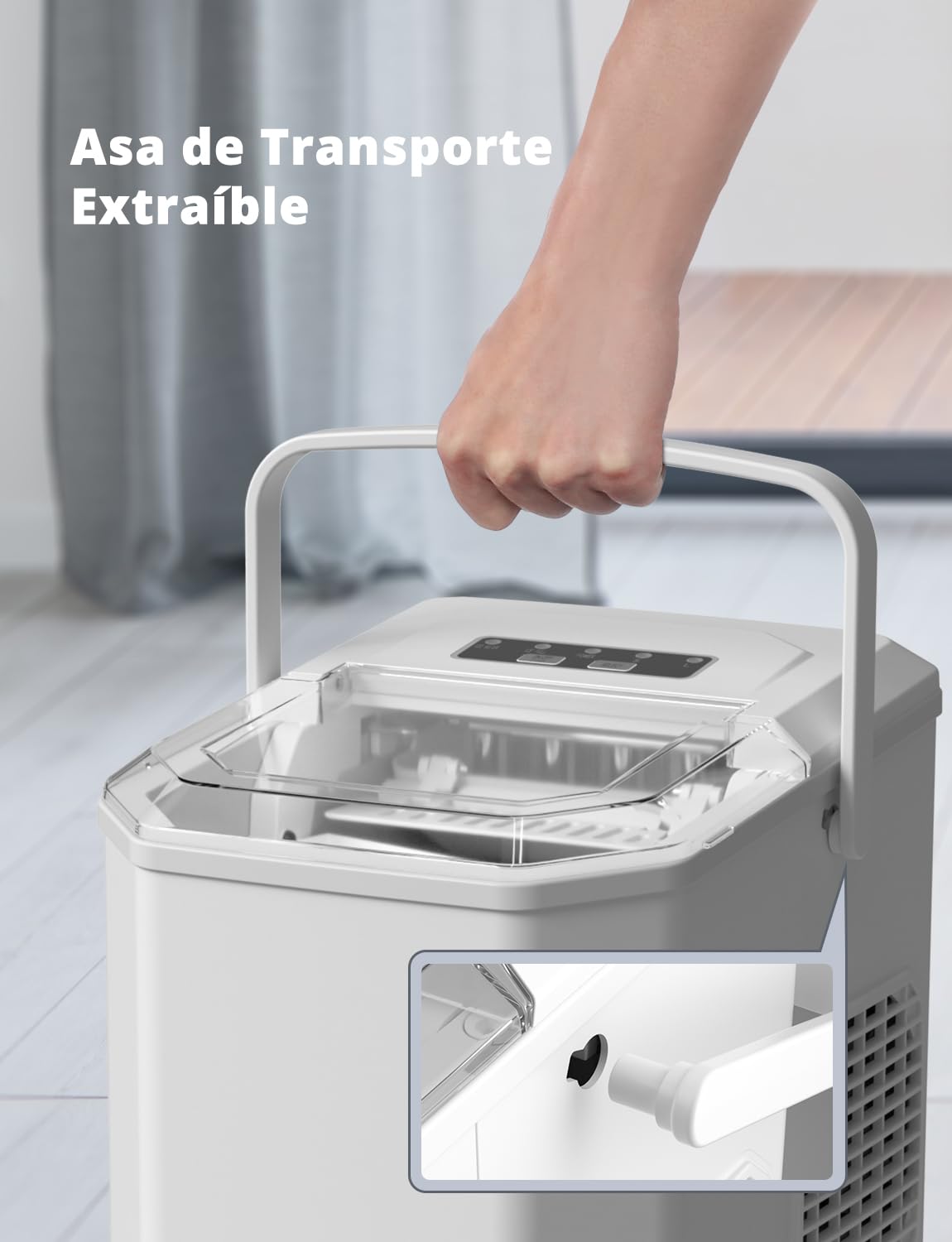 Máquinas para Hacer Hielo, Maquina de Hielo Portátil y Autolimpiante con Mango, Equipado con Hielo Pala de Puede Colocar Boca Abajo, 9 Cubitos Hielo Tipo Balas/6-10 Minutos, 12Kg/24h - Imagen 3