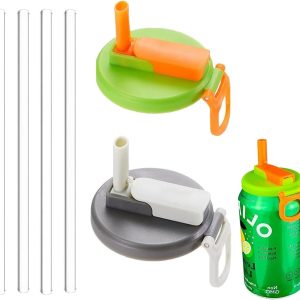 tapas para latas con 4 pajitas, cubiertas de latas de soda con pajitas, tapas de latas para refrescos, Tapas a prueba de fugas para bebidas enlatadas estándar, cerveza, zumo (verde, gris))